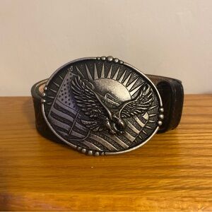 Vintage Justin Boots Black Belt with Silver Flag Buckle